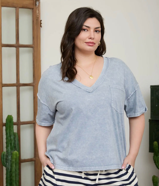 Plus Washed V Neck Boxy Knit Top, Slate Blue