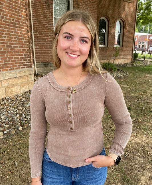 Washed Long Sleeve Rib Henley, Cocoa