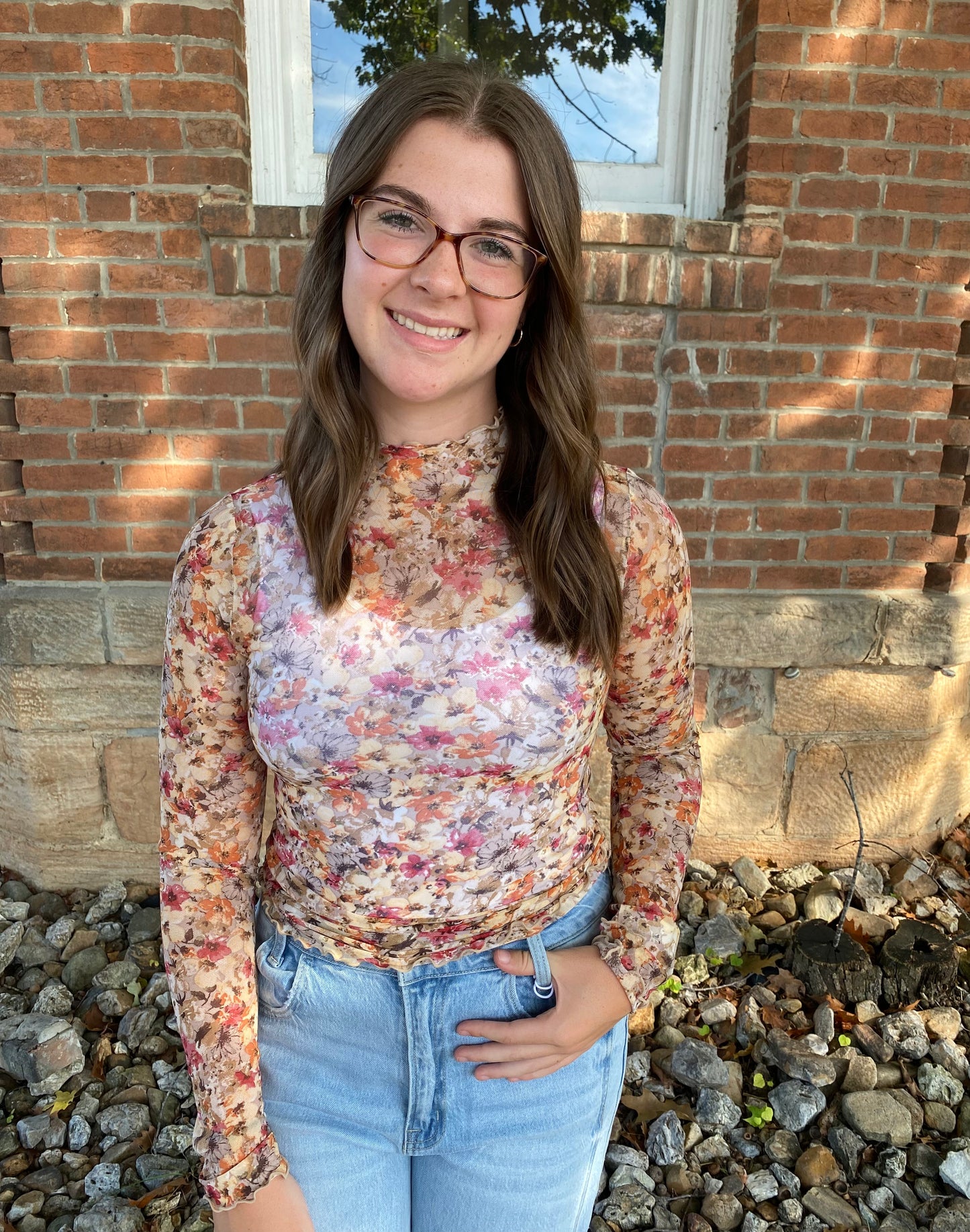 Floral Mesh Print Mock Neck Long Sleeve