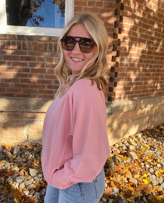 Washed French Terry Pullover, Dark Pink