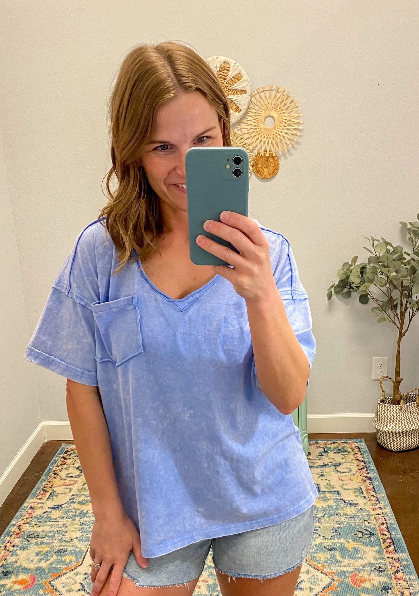 Mineral Wash V-Neck Top, Sky Blue