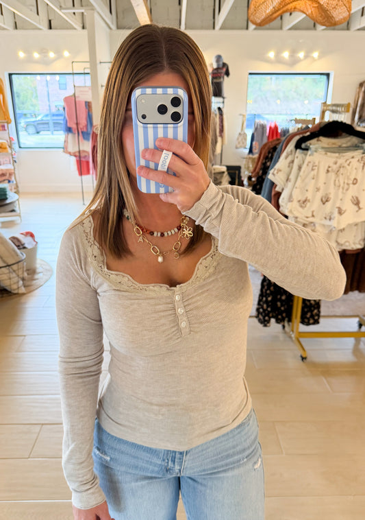 Lace Trim Button Down Henley Knit Top, Birch