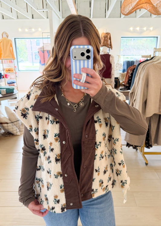 Floral Sherpa Vest, Brown