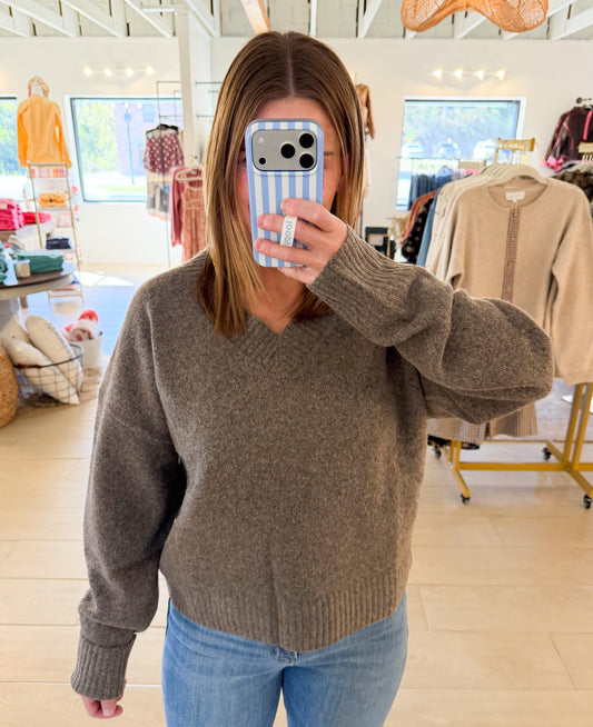 V-Neck Fuzzy Knit Sweater, Taupe