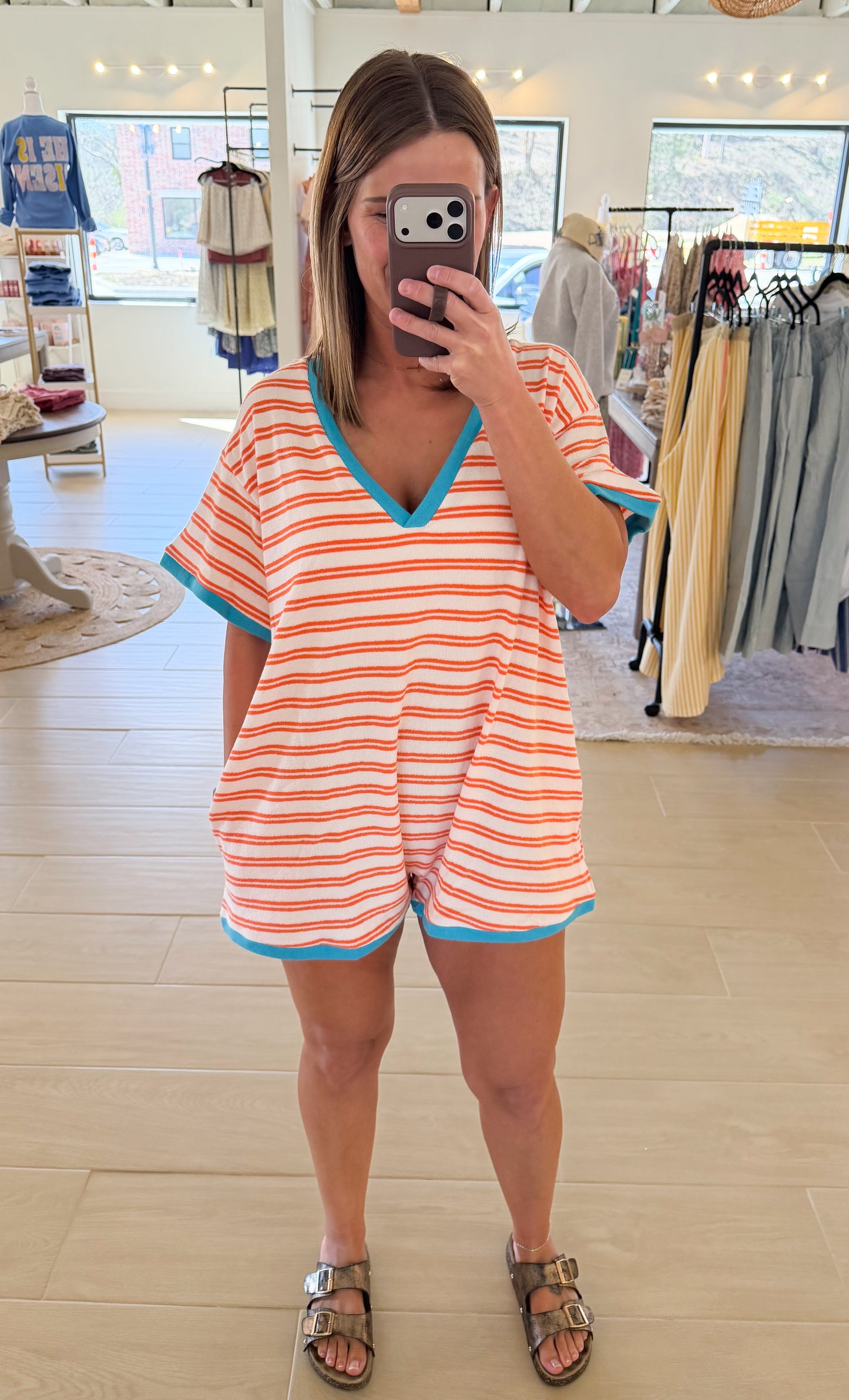 Striped Romper, Orange/Blue