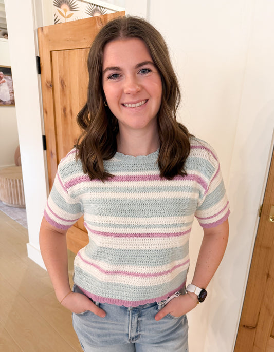 Weaved Multi Color Striped Sweater, Aqua/Orchid