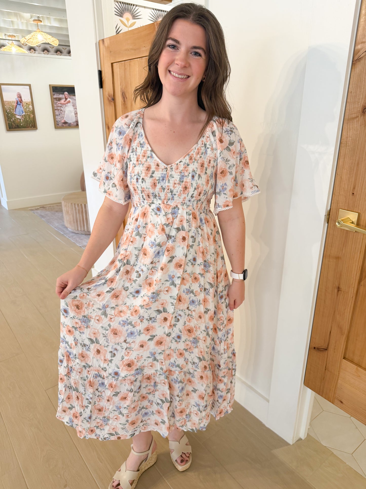Floral Smocked Chest Flutter Sleeve Maxi Dress