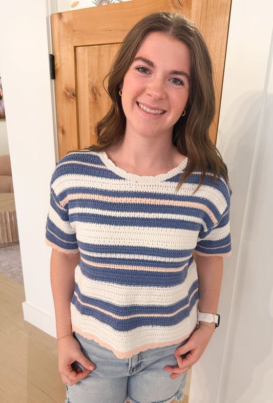 Weaved Multi Color Striped Sweater, Blue/Peach