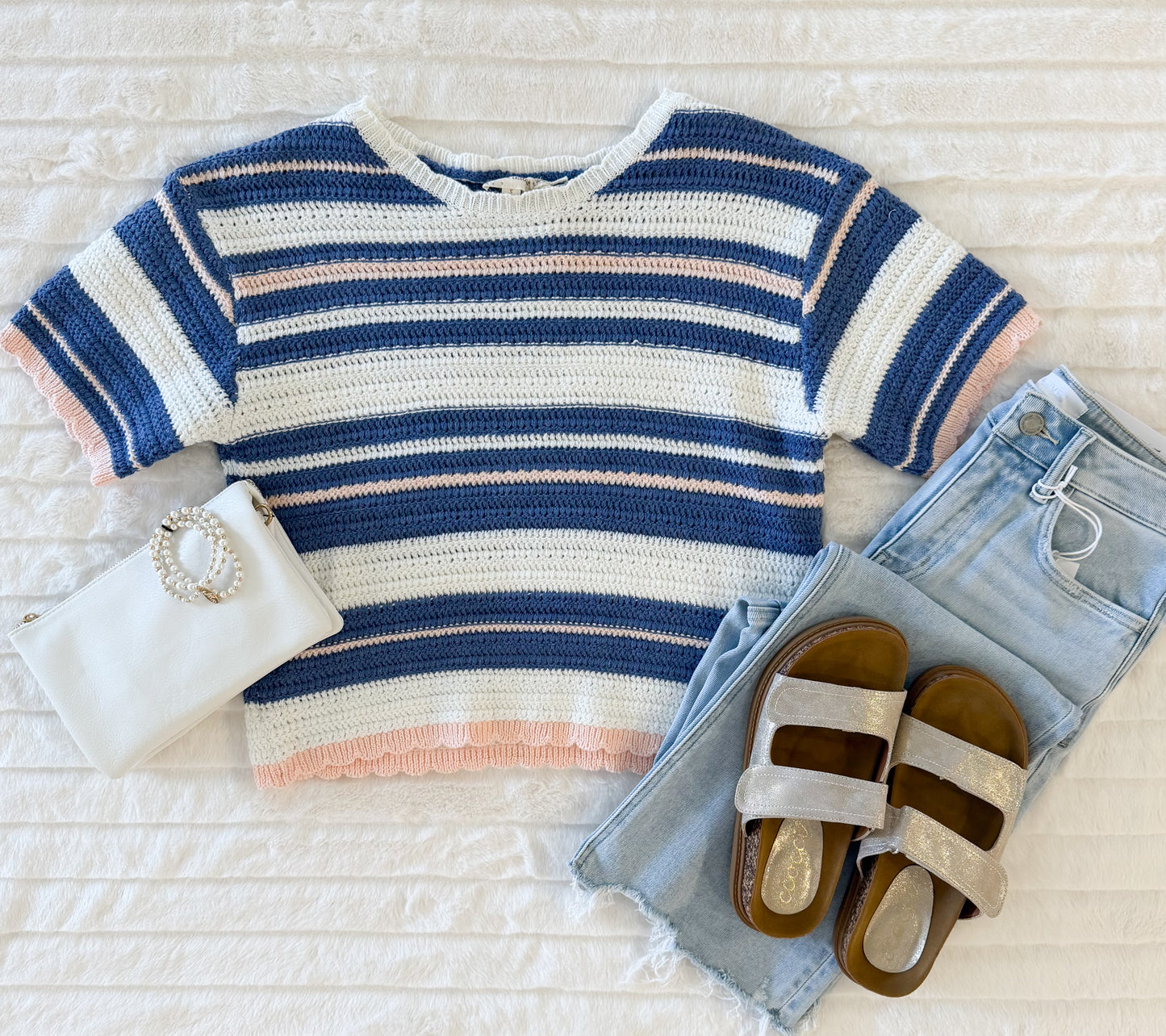 Weaved Multi Color Striped Sweater, Blue/Peach