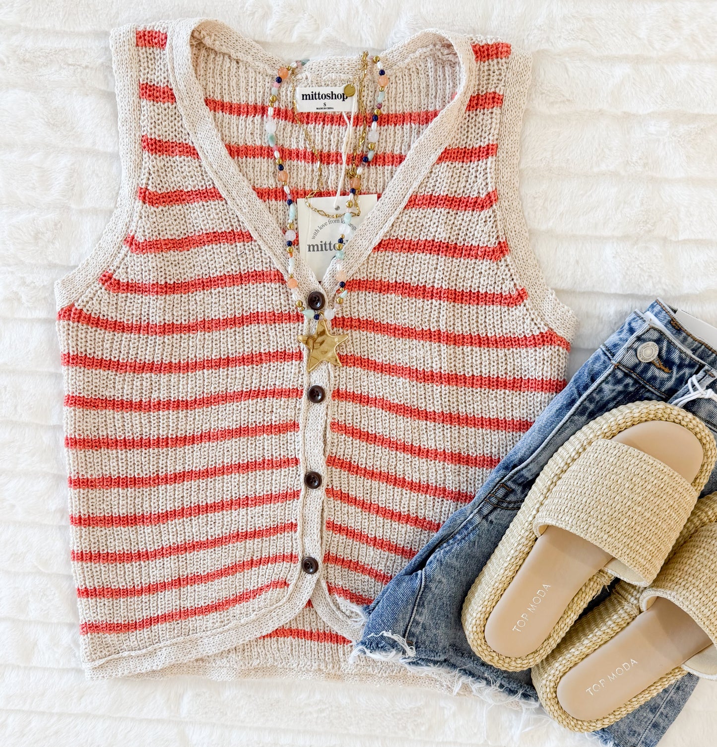 Striped Buttoned Knit Sweater Vest, Coral