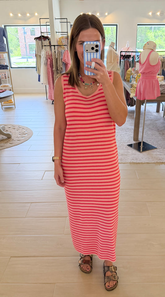 Striped Midi Sweater Tank Dress, Blush/Fuchsia