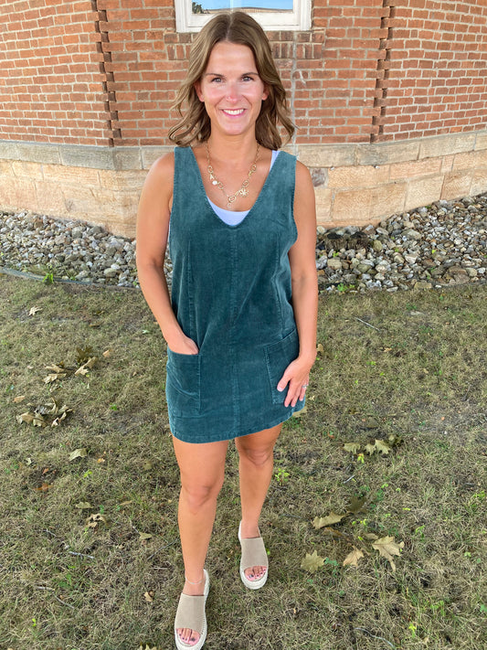 Corduroy Overall Dress, Hunter Green