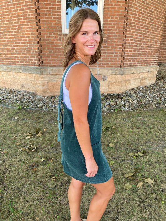 Corduroy Overall Dress, Hunter Green
