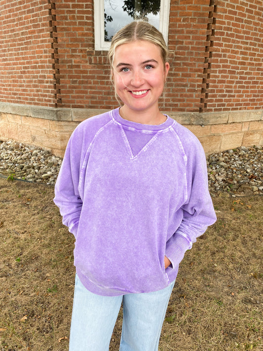 Snow Washed French Terry Round Neck Pullover, Violet