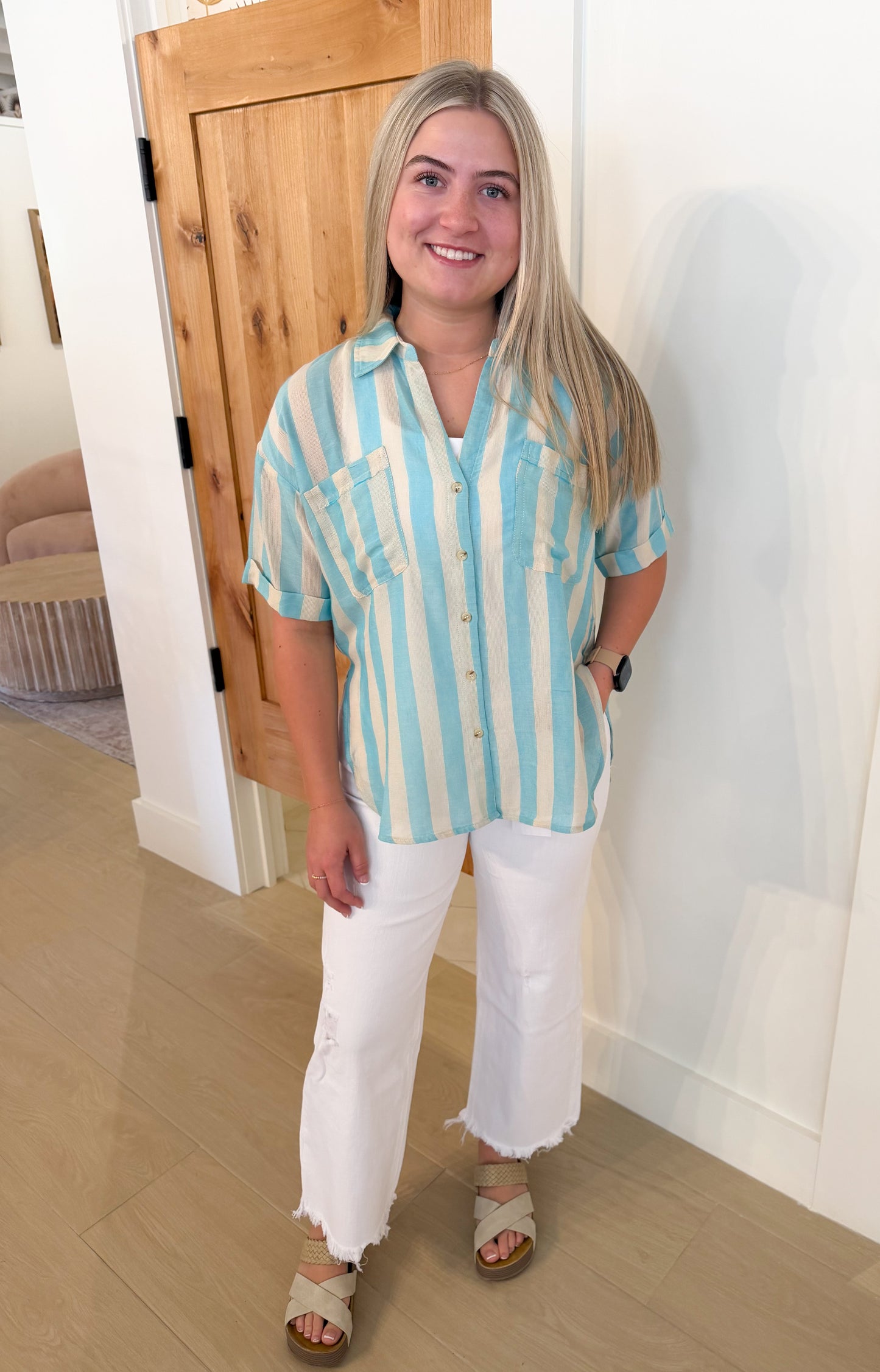 Striped Collared Button Down Shirt, Light Blue
