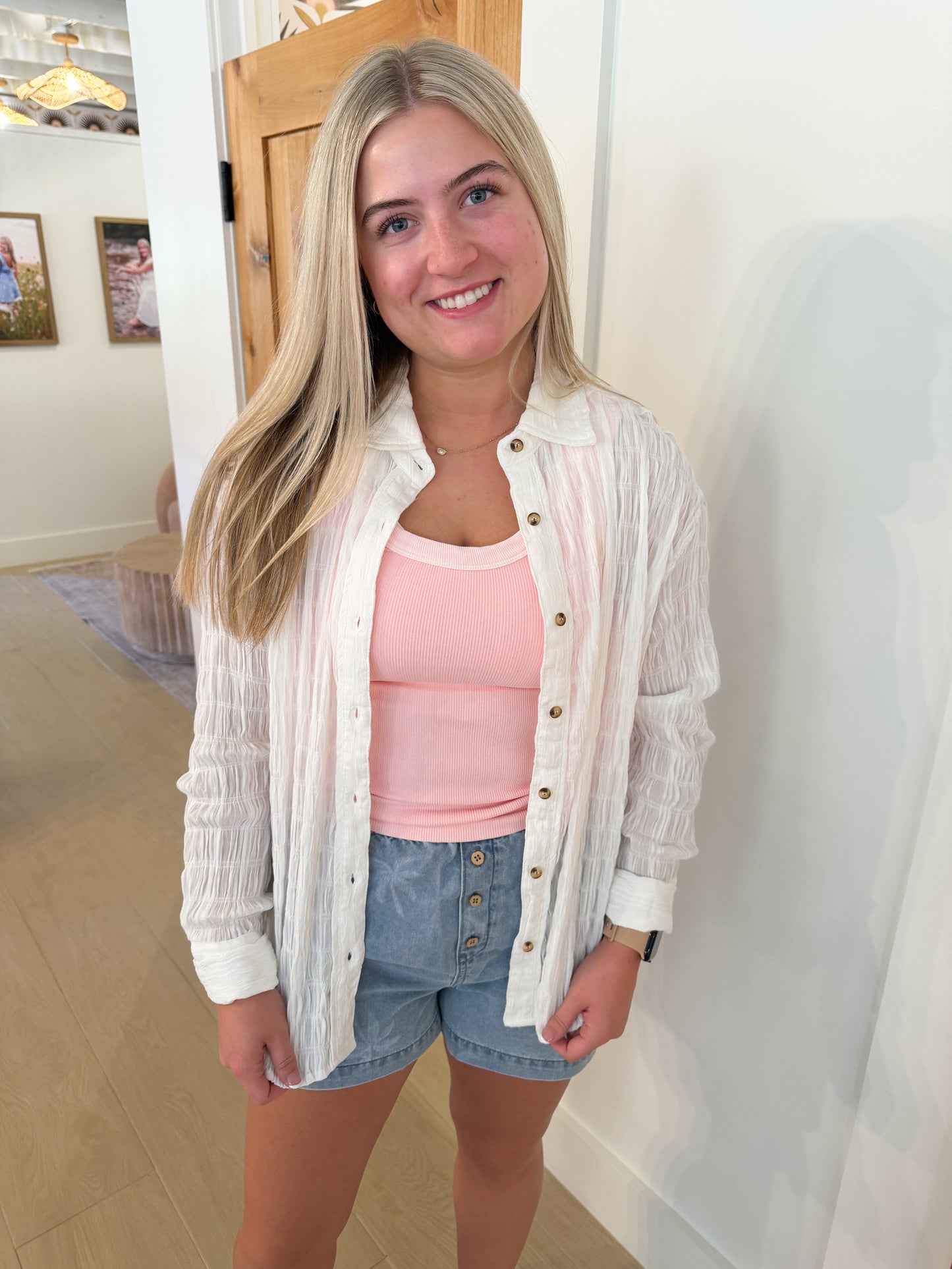 Textured Fabric Button Down Shirt, Ecru