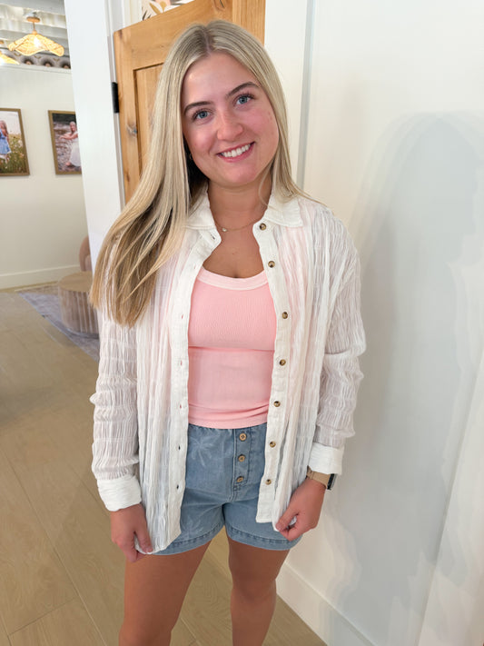Textured Fabric Button Down Shirt, Ecru