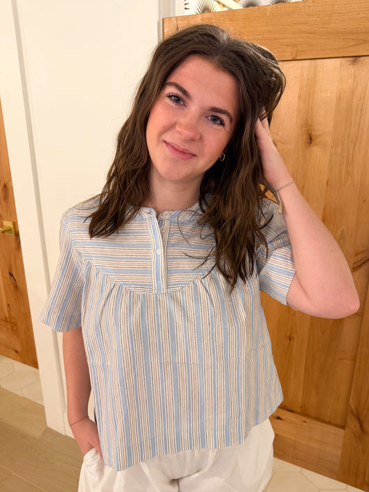 Striped Button Down Blouse, Milky Blue