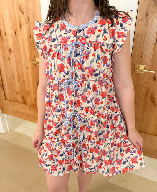 Coral Floral Button Down Tiered Mini Dress