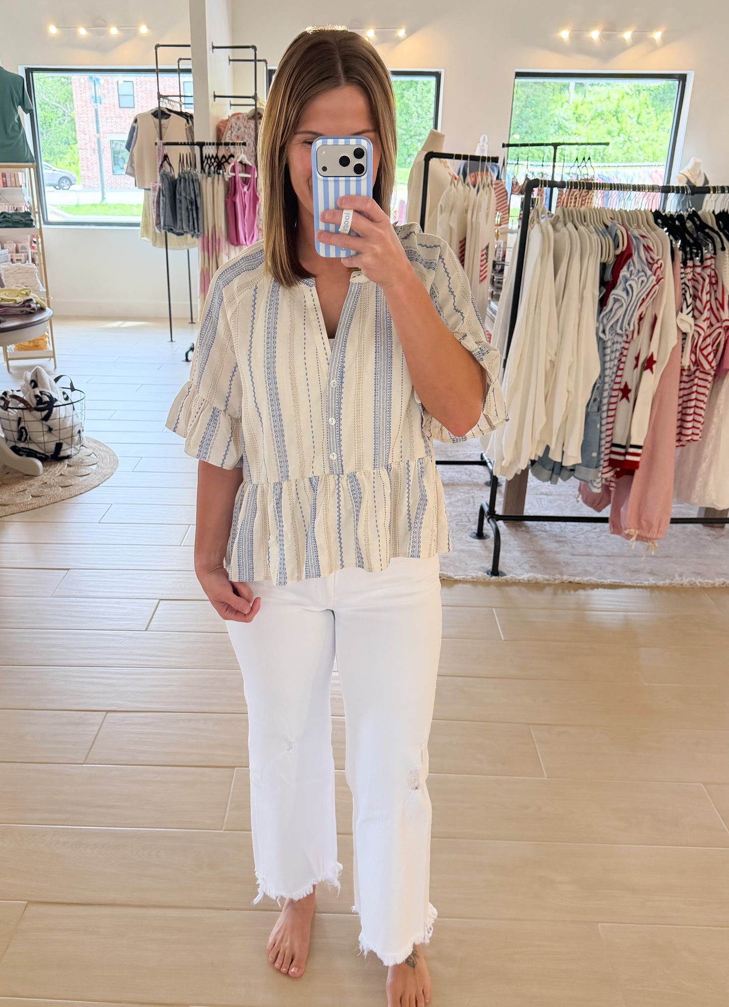Striped Half Bell Sleeve Blouse, Light Blue