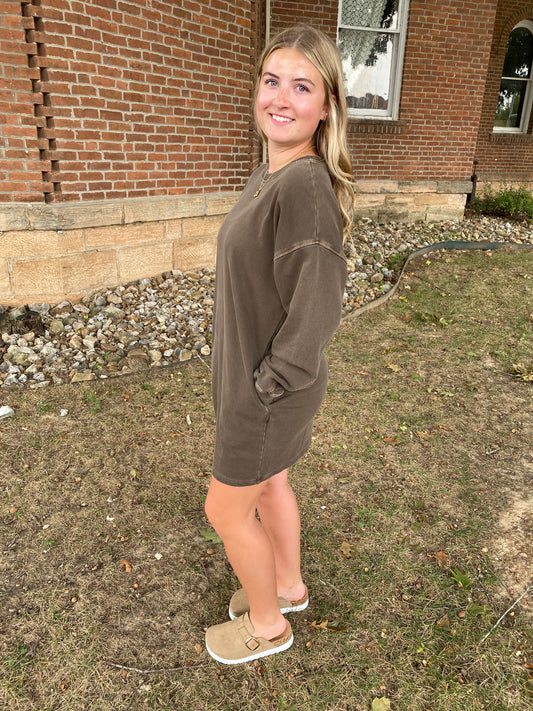 Washed Tunic Dress, Brown