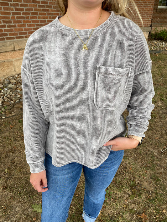 Washed Long Sleeve Rib Top, Charcoal