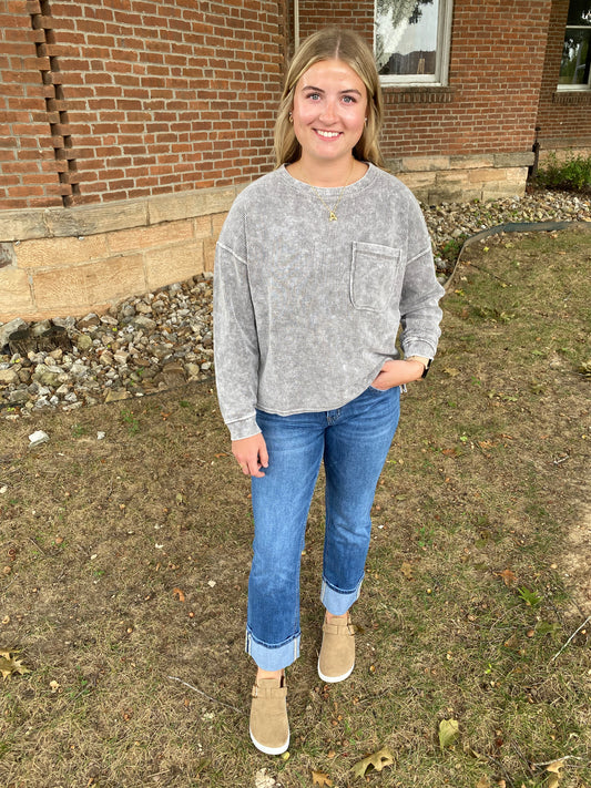 Washed Long Sleeve Rib Top, Charcoal