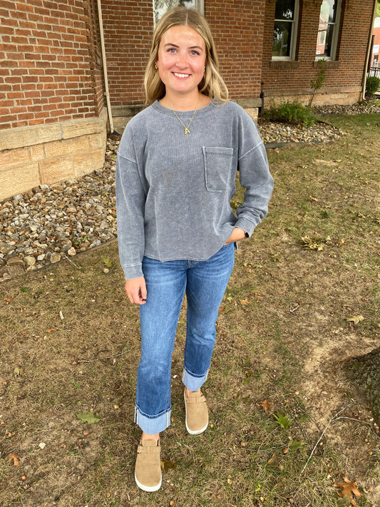 Washed Long Sleeve Rib Top, Denim