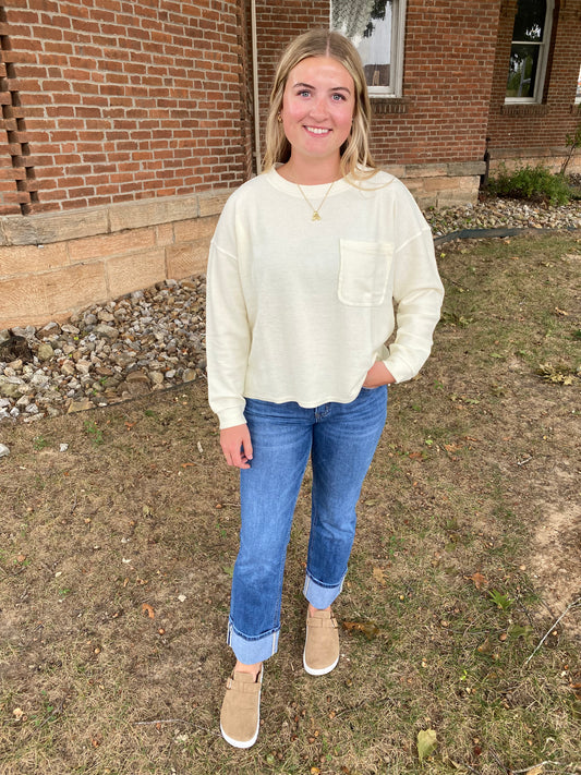 Washed Long Sleeve Rib Top, Cream