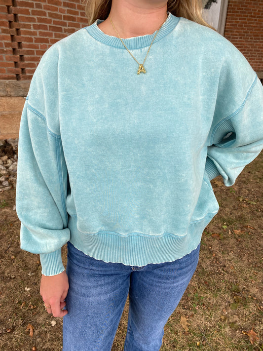 Acid Wash Oversized Fleece Pullover, Dusty Teal