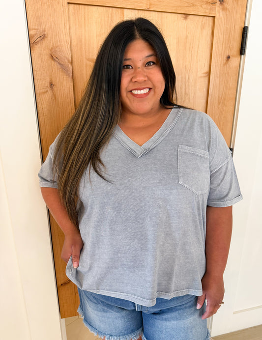 Plus Washed V Neck Boxy Knit Top, Slate Blue