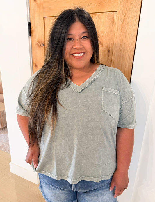 Plus Washed V Neck Boxy Knit Top, Olive