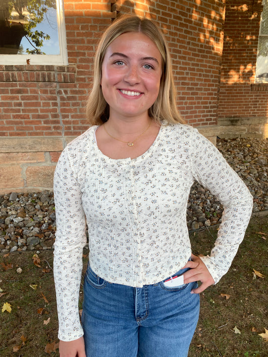 Printed Button Down Knit Cardigan Top, Cream Floral
