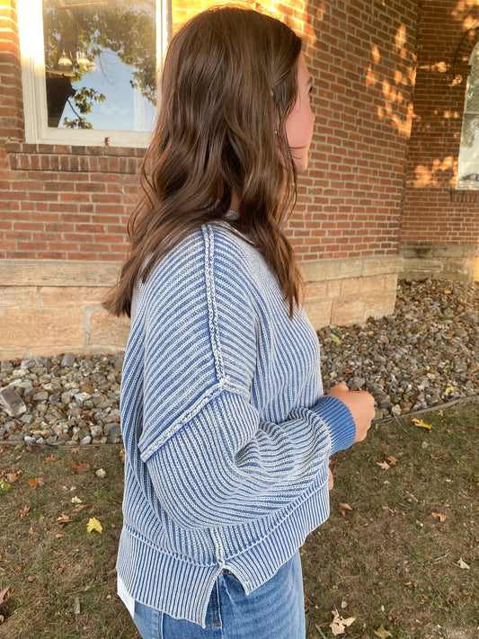 Washed Side Slit Oversized Cropped Sweater, Dusty Blue