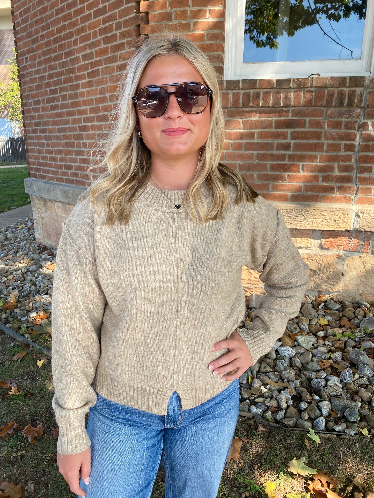 Front Bottom Slit Sweater, Taupe