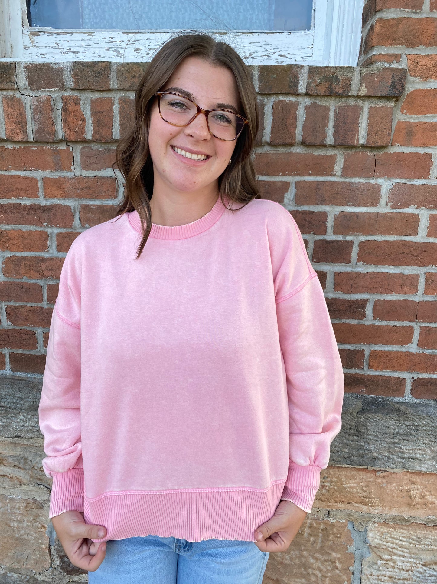 Acid Wash Oversized Fleece Pullover, Dark Pink