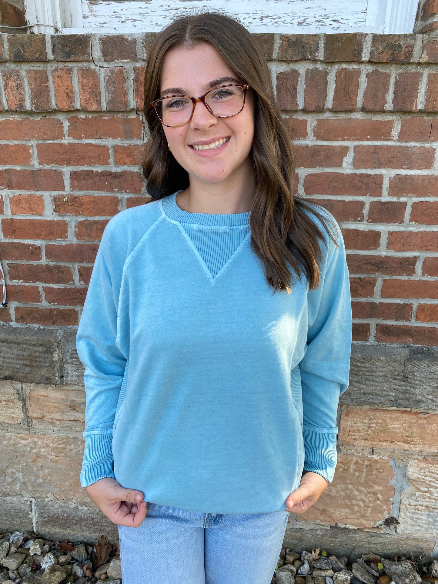 Snow Washed French Terry Round Neck Pullover, Dusty Teal