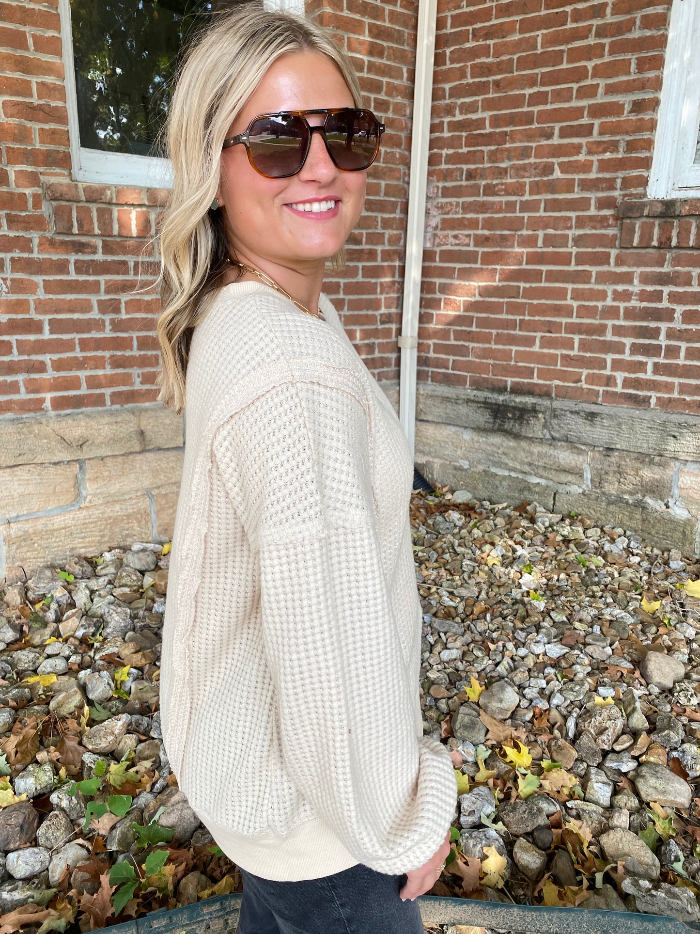 Oversized Waffle Knit Casual Top, Cream