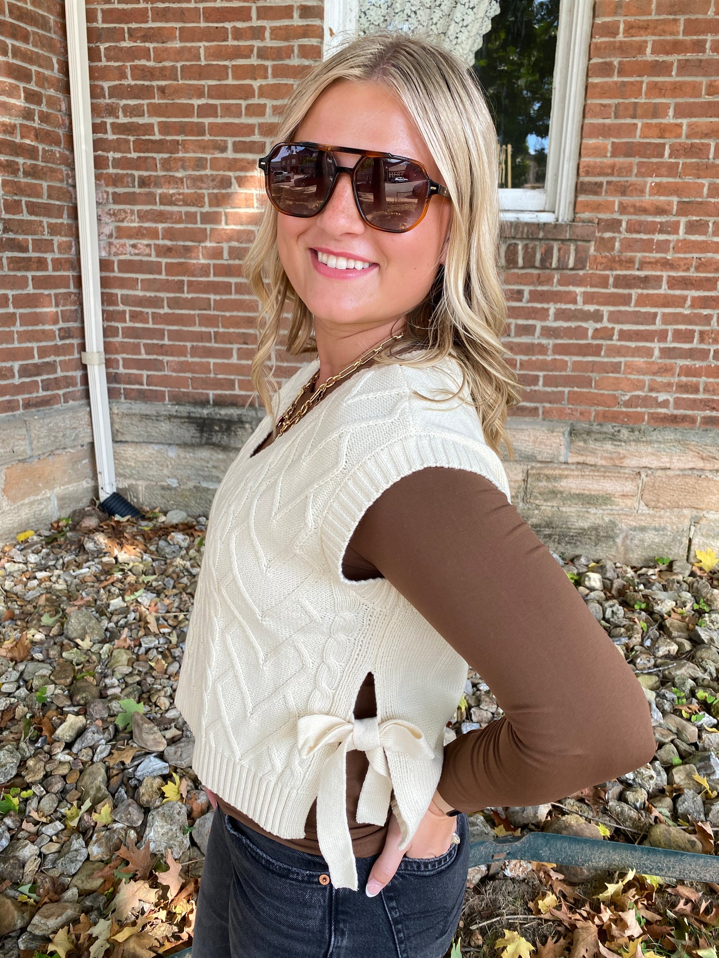 Cable Knit V Neck Side Tie Sweater Vest, Cream