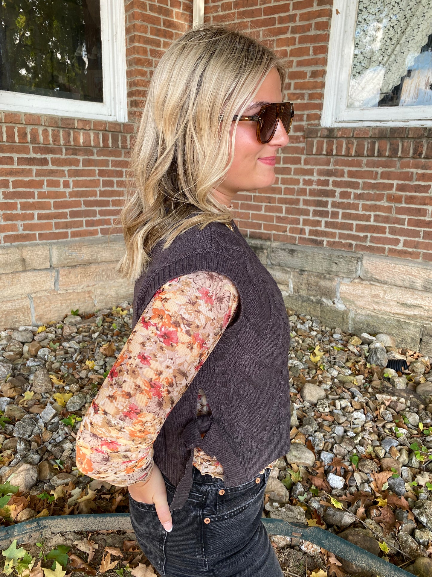 Cable Knit V Neck Side Tie Sweater Vest, Charcoal