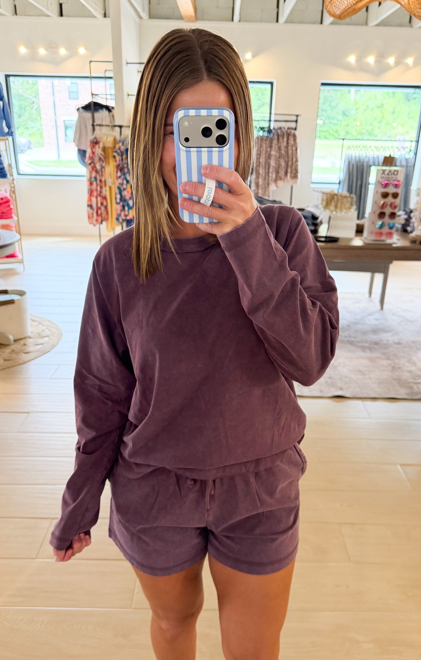 Mineral Wash Long Sleeve Top & Shorts Set, Cherry
