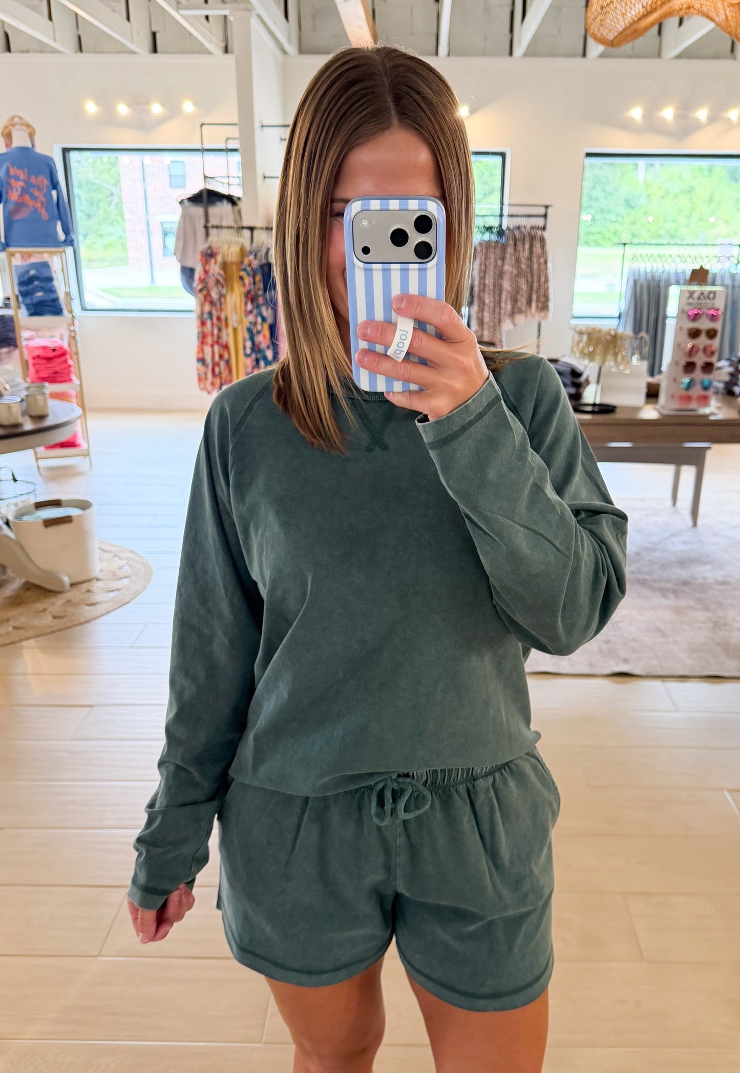 Mineral Wash Long Sleeve Top & Shorts Set, Green