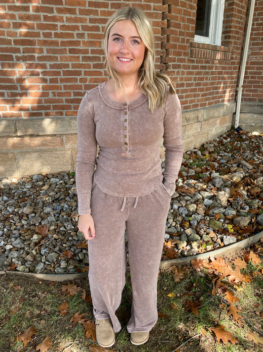 Washed Wide Leg Drawstring Lounge Pants, Cocoa