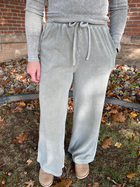 Washed Wide Leg Drawstring Lounge Pants, Olive