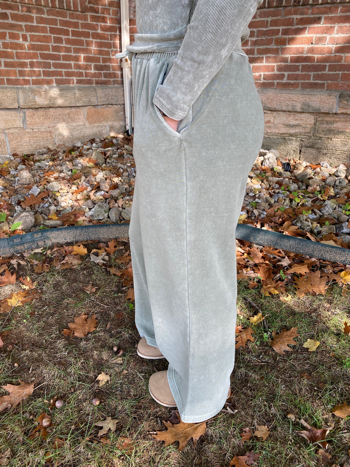 Washed Wide Leg Drawstring Lounge Pants, Olive