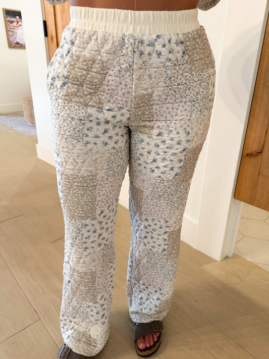 Floral Patchwork Quilted Lounge Pants, Cream
