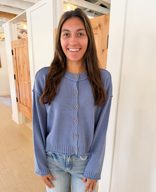 Raw Edge Seam Button Down Cardigan, Dusty Blue