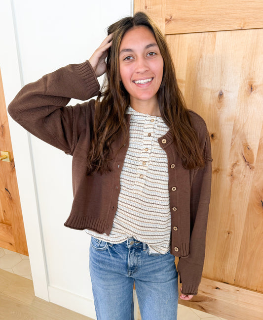 Raw Edge Seam Button Down Cardigan, Brown