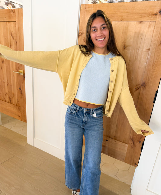 Raw Edge Seam Button Down Cardigan, Butter Yellow