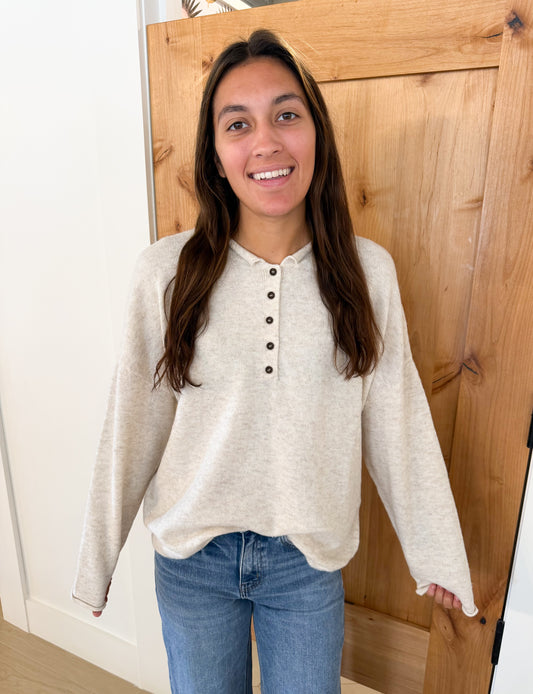 Raw Rolled Edge Henley Relaxed Sweater, Oatmeal